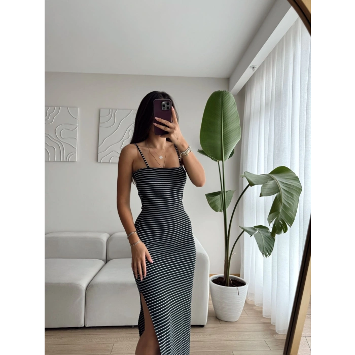 Askılı Derin Yırtmaç Çizgili Uzun Elbise-SİYAH