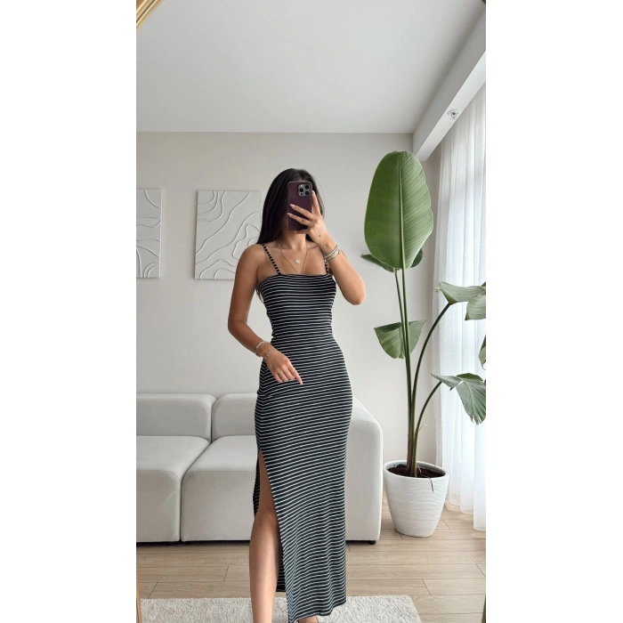 Askılı Derin Yırtmaç Çizgili Uzun Elbise-SİYAH