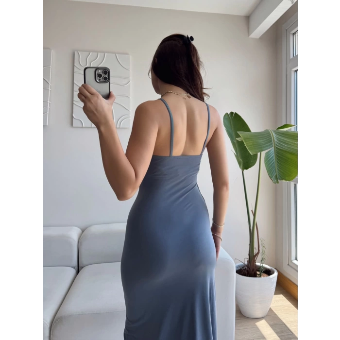 Askılı Derin Yırtmaç Elbise - GRİ