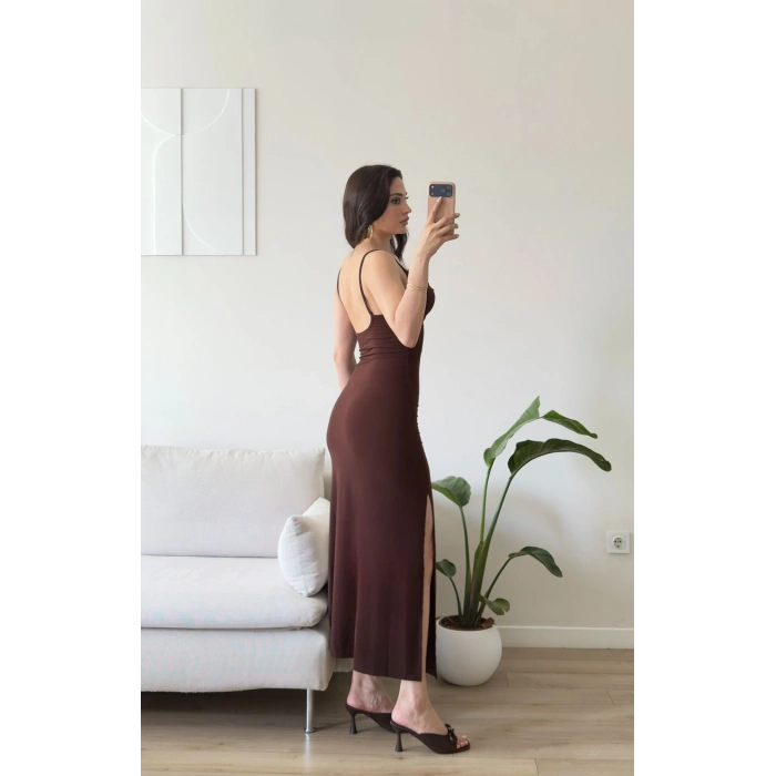 Askılı Derin Yırtmaç Elbise - KAHVE