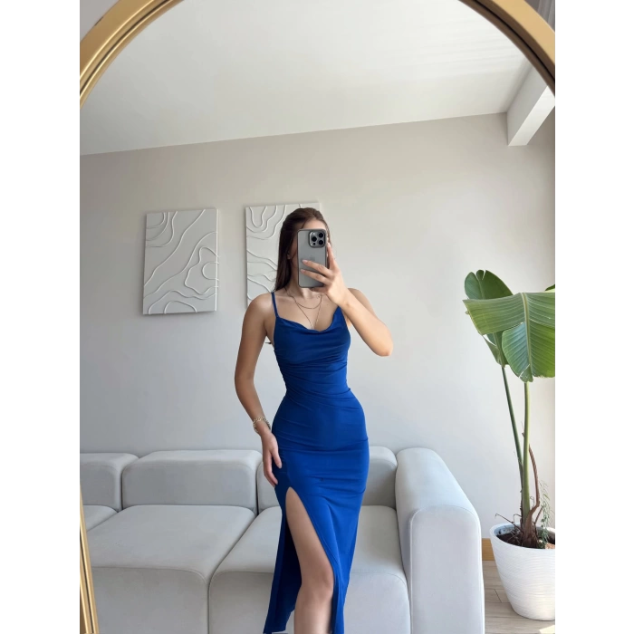 Askılı Derin Yırtmaç Elbise - SAKS MAVİSİ