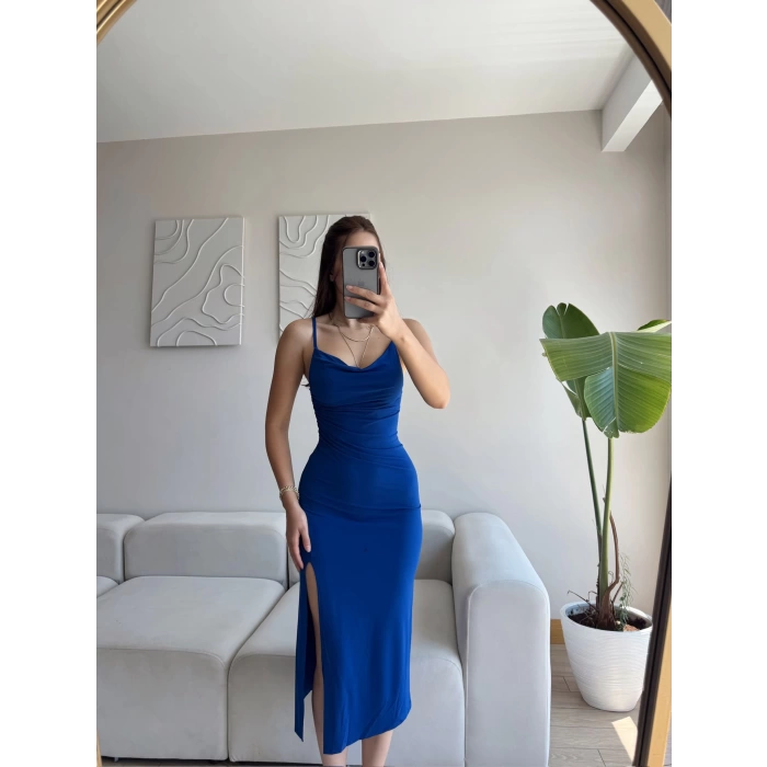 Askılı Derin Yırtmaç Elbise - SAKS MAVİSİ