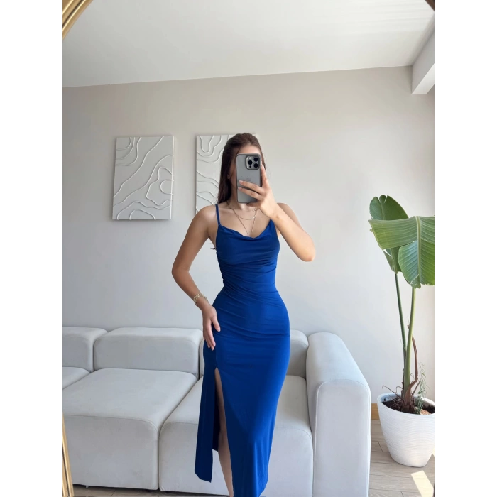 Askılı Derin Yırtmaç Elbise - SAKS MAVİSİ