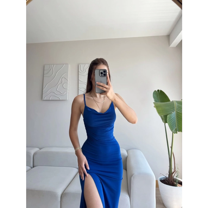 Askılı Derin Yırtmaç Elbise - SAKS MAVİSİ
