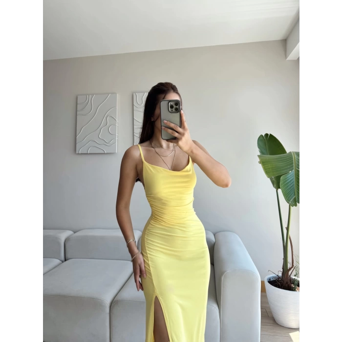 Askılı Derin Yırtmaç Elbise - SARI
