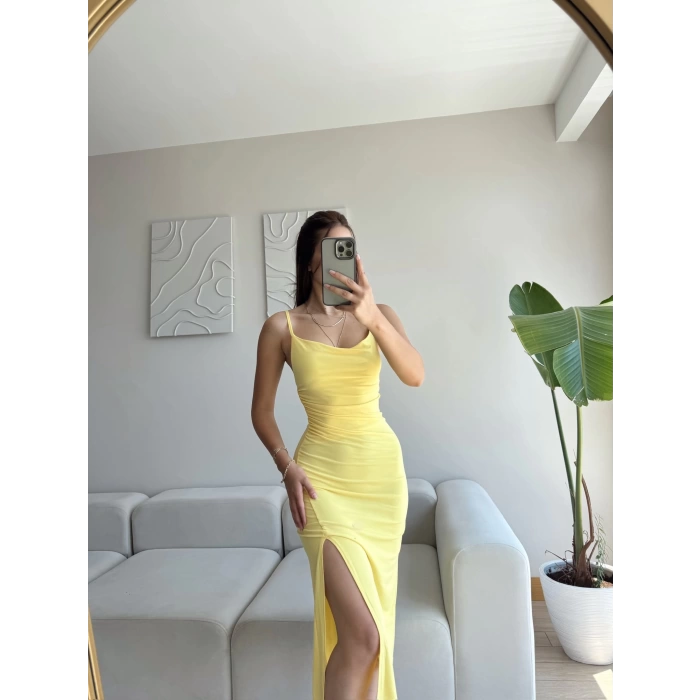 Askılı Derin Yırtmaç Elbise - SARI