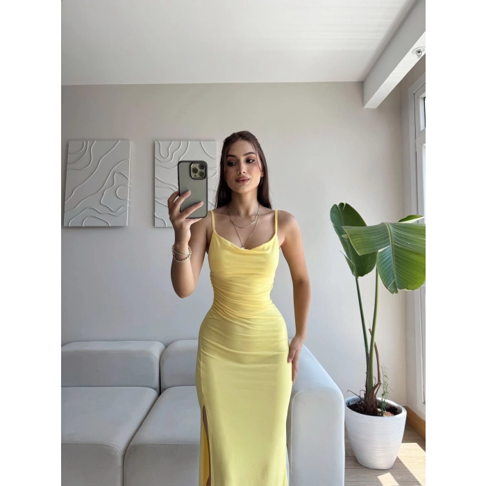 Askılı Derin Yırtmaç Elbise - SARI