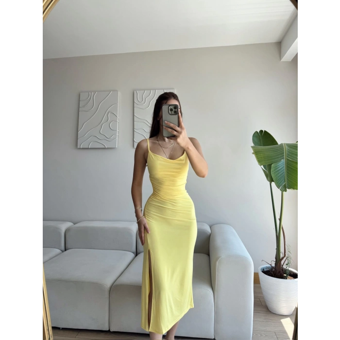 Askılı Derin Yırtmaç Elbise - SARI