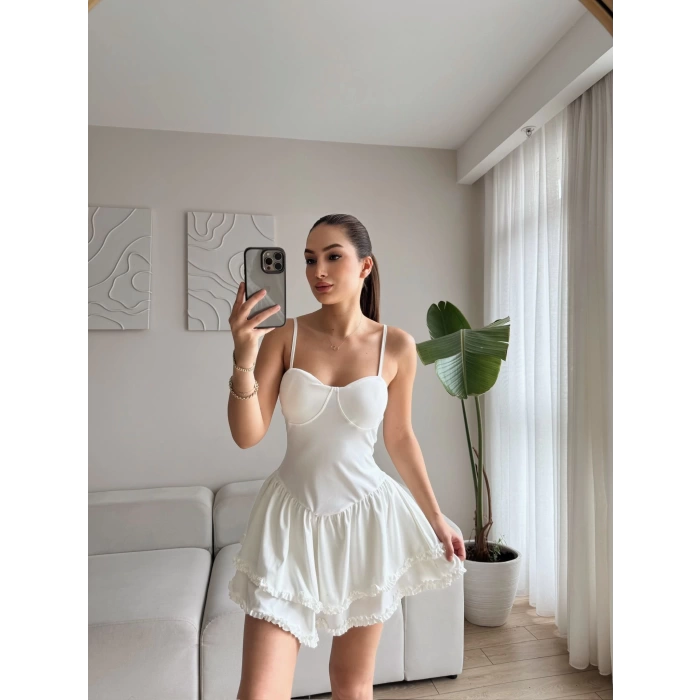 Askılı Fırfır Detay Volanlı Elbise - BEYAZ