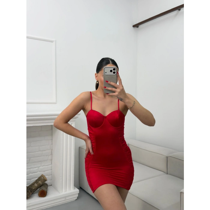 Askılı Gloplu Elbise - KIRMIZI