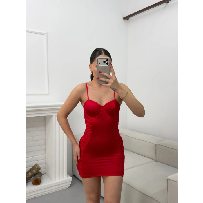 Askılı Gloplu Elbise - KIRMIZI