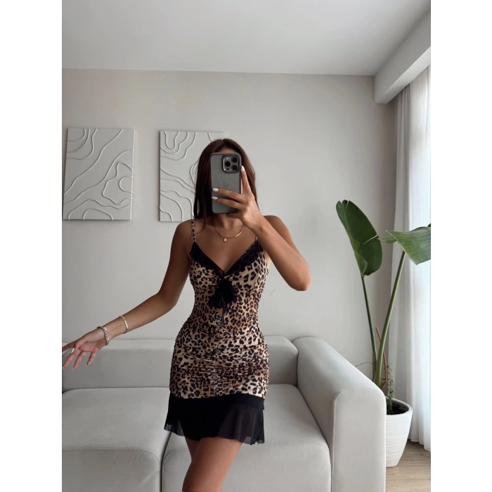 Askılı Kruvaze Eteği Tül Elbise - LEOPAR