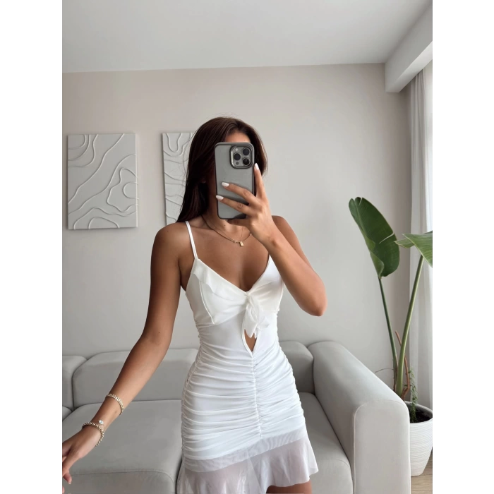 Askılı Kruvaze Eteği Tül Elbise - BEYAZ