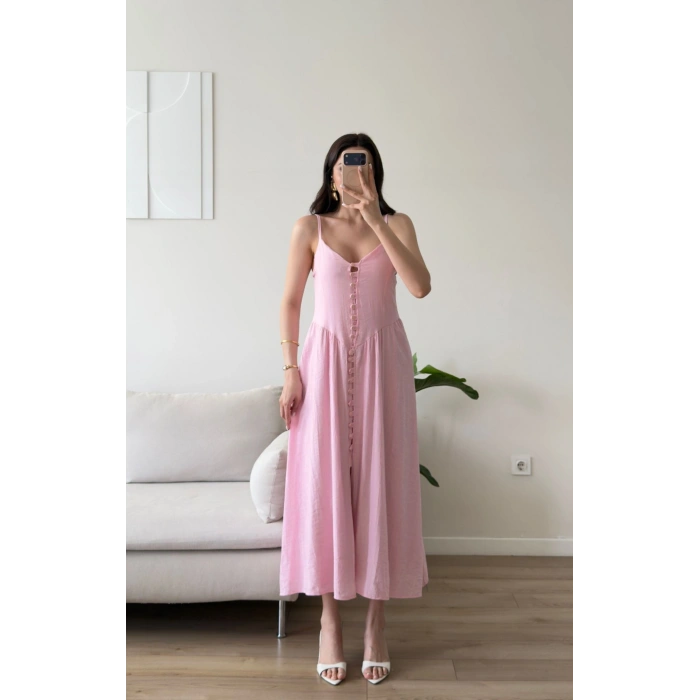 Askılı Önü Düğmeli Çilek Elbise - PEMBE