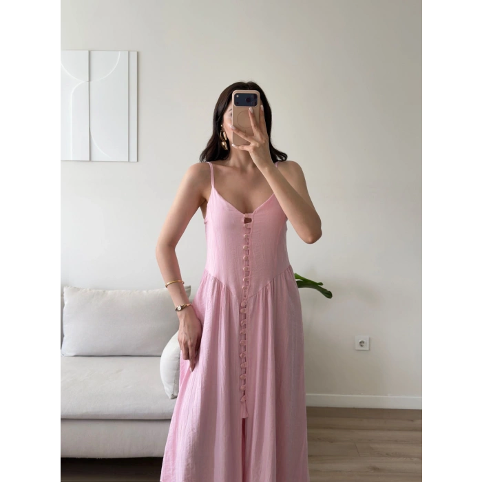 Askılı Önü Düğmeli Çilek Elbise - PEMBE