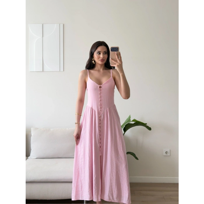 Askılı Önü Düğmeli Çilek Elbise - PEMBE