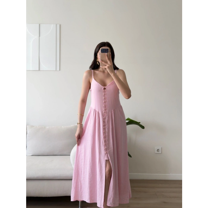 Askılı Önü Düğmeli Çilek Elbise - PEMBE