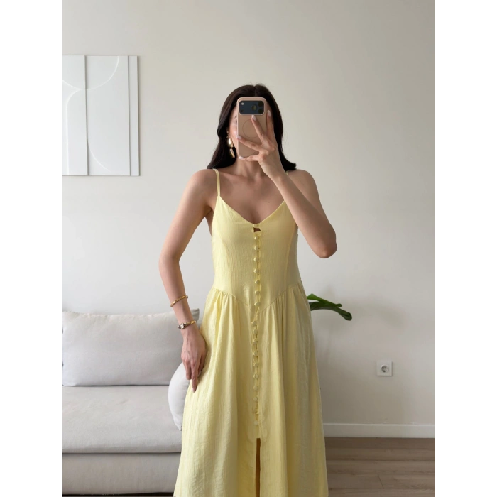 Askılı Önü Düğmeli Çilek Elbise - SARI