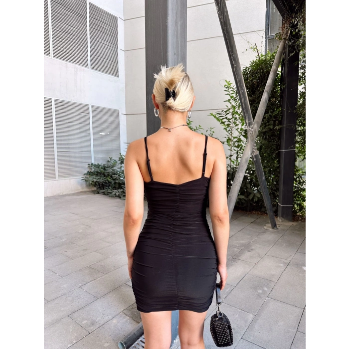 Askılı Sırt Detay Büzgülü Elbise-Siyah