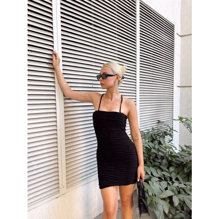 Askılı Sırt Detay Büzgülü Elbise-Siyah