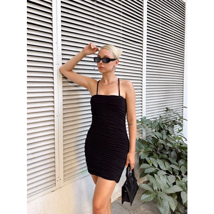 Askılı Sırt Detay Büzgülü Elbise-Siyah