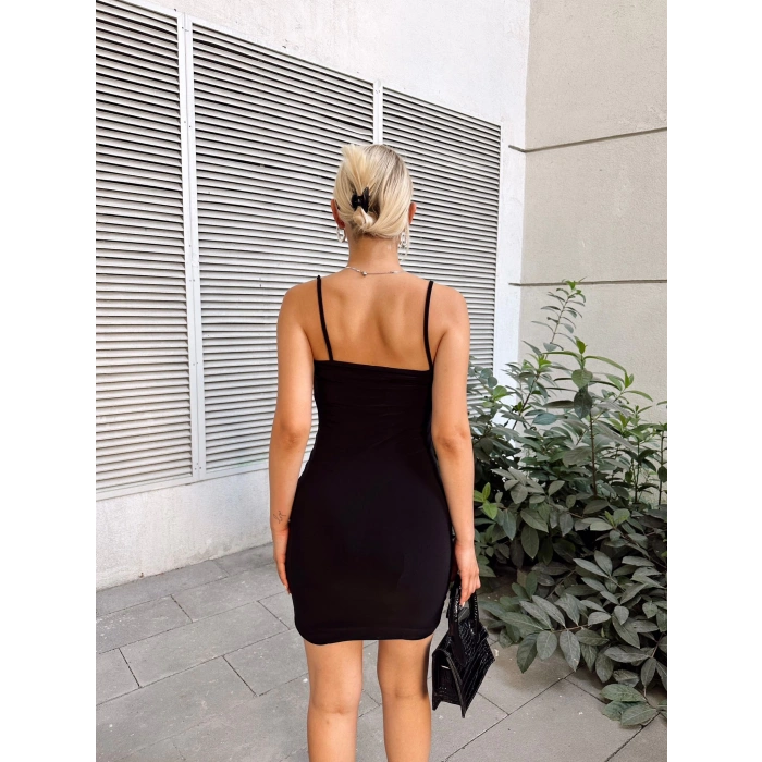 Askılı Sırt Detay Büzgülü Elbise-Siyah