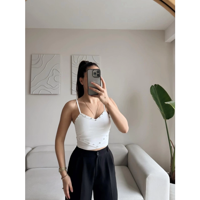 Askılı Taşlı Crop - BEYAZ