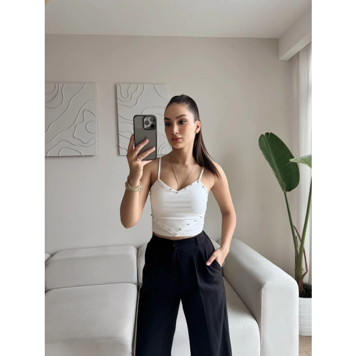 Askılı Taşlı Crop - BEYAZ