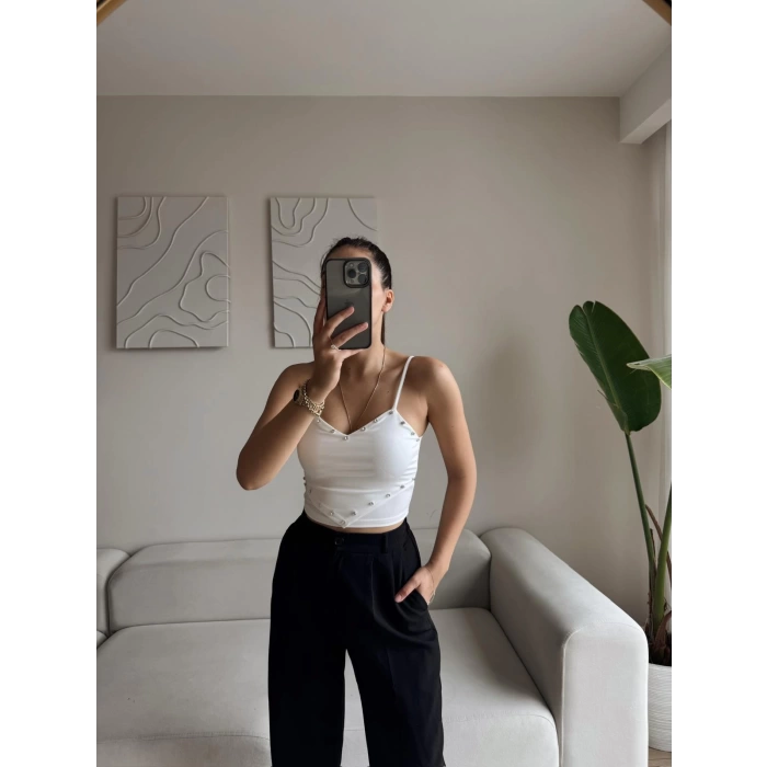 Askılı Taşlı Crop - BEYAZ