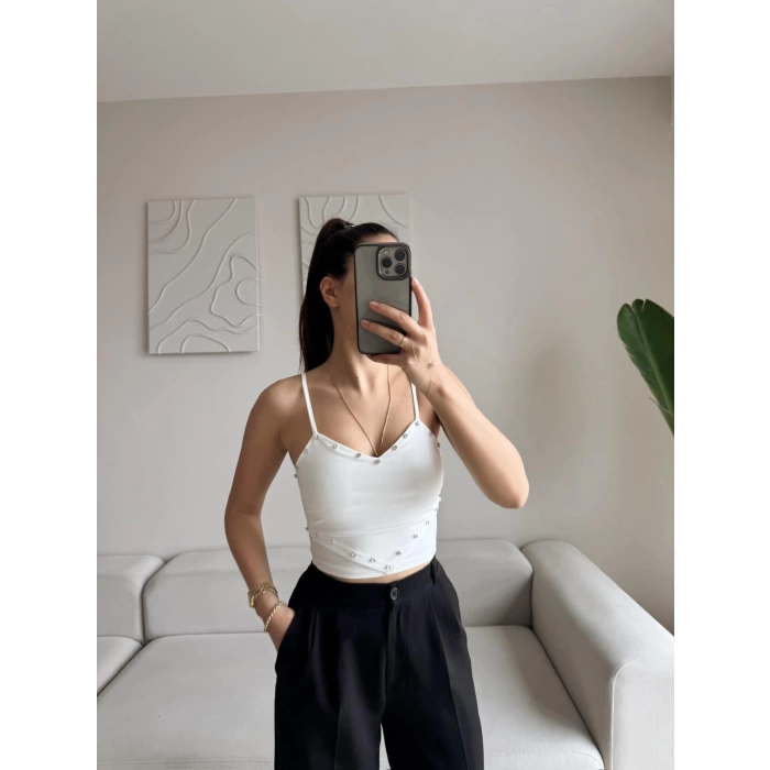 Askılı Taşlı Crop - BEYAZ