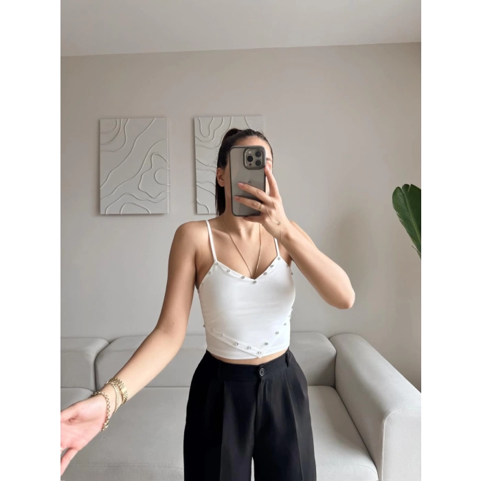 Askılı Taşlı Crop - BEYAZ
