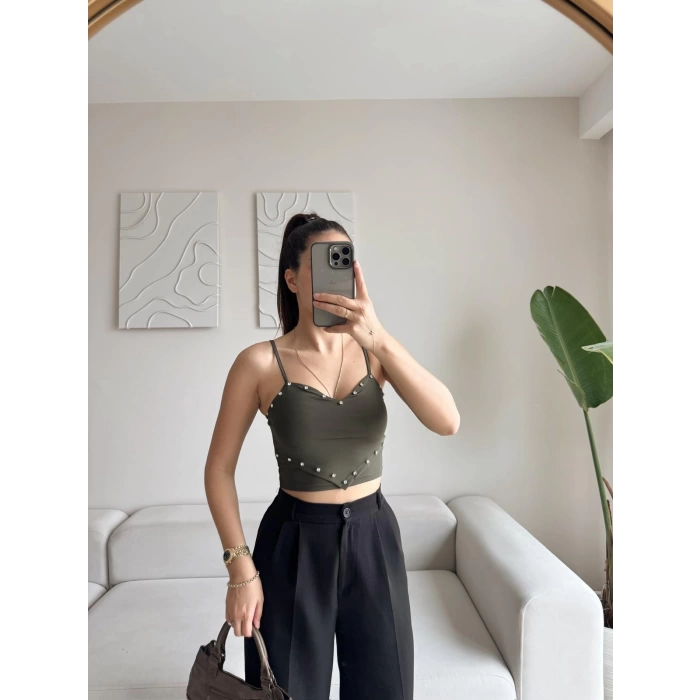Askılı Taşlı Crop - HAKİ