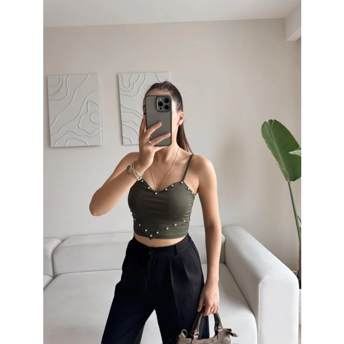 Askılı Taşlı Crop - HAKİ