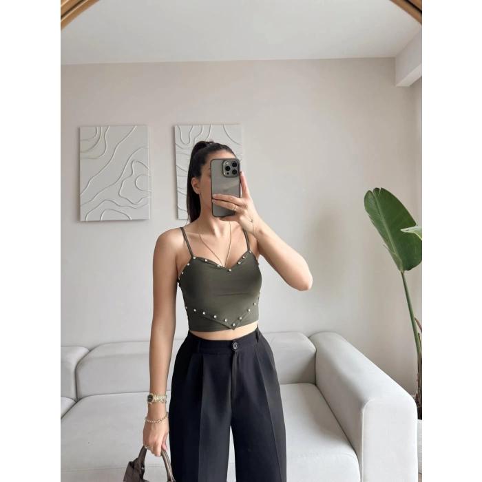 Askılı Taşlı Crop - HAKİ