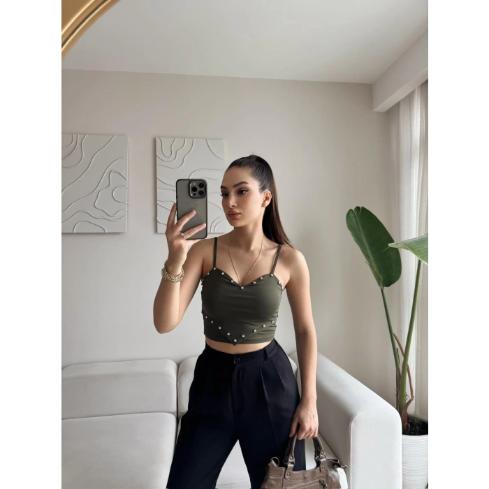 Askılı Taşlı Crop - HAKİ