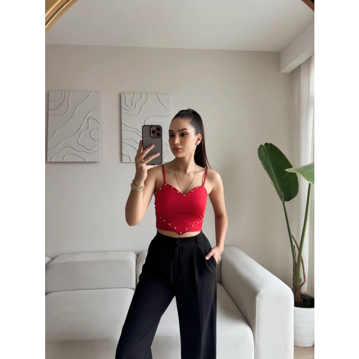 Askılı Taşlı Crop - KIRMIZI