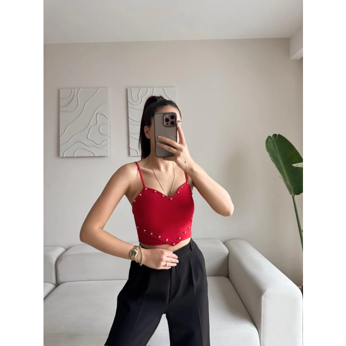 Askılı Taşlı Crop - KIRMIZI