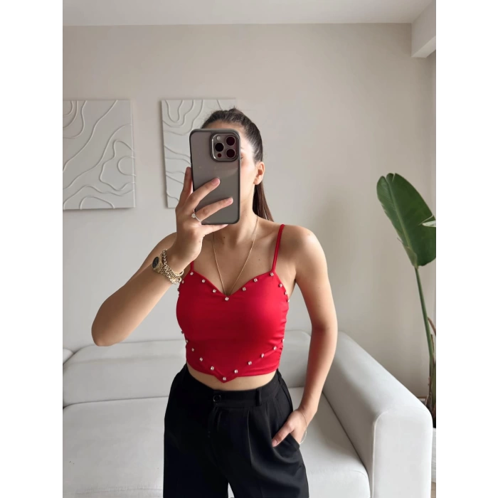 Askılı Taşlı Crop - KIRMIZI