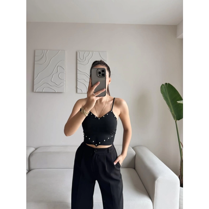 Askılı Taşlı Crop - SİYAH