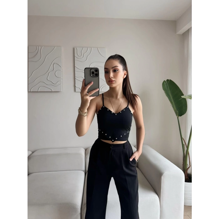 Askılı Taşlı Crop - SİYAH