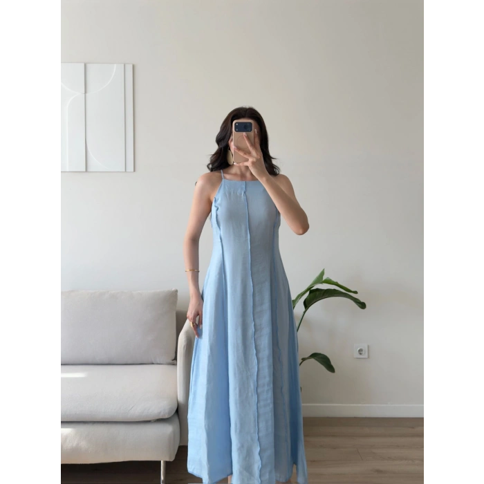 Askılı Ters Dikiş Keten Elbise - MAVİ