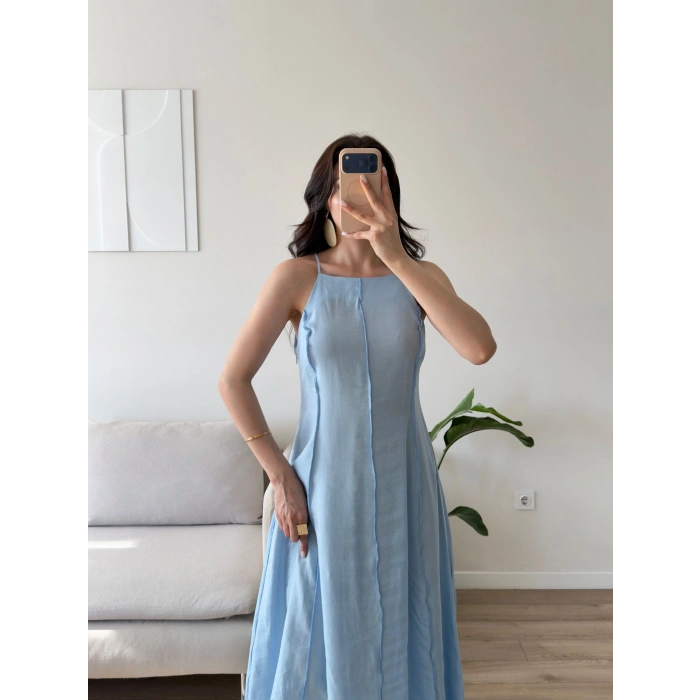 Askılı Ters Dikiş Keten Elbise - MAVİ