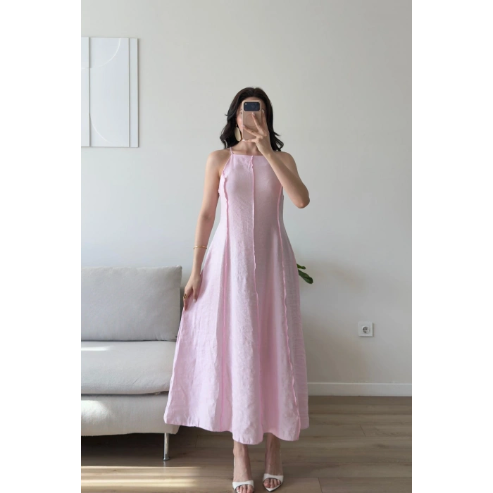 Askılı Ters Dikiş Keten Elbise - PEMBE