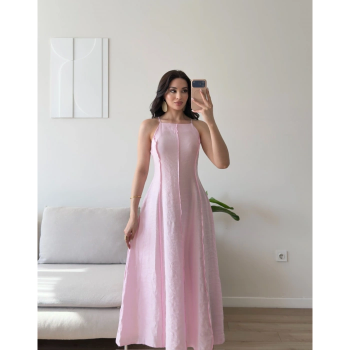 Askılı Ters Dikiş Keten Elbise - PEMBE
