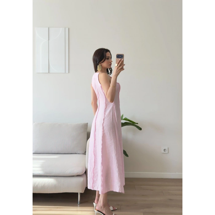 Askılı Ters Dikiş Keten Elbise - PEMBE