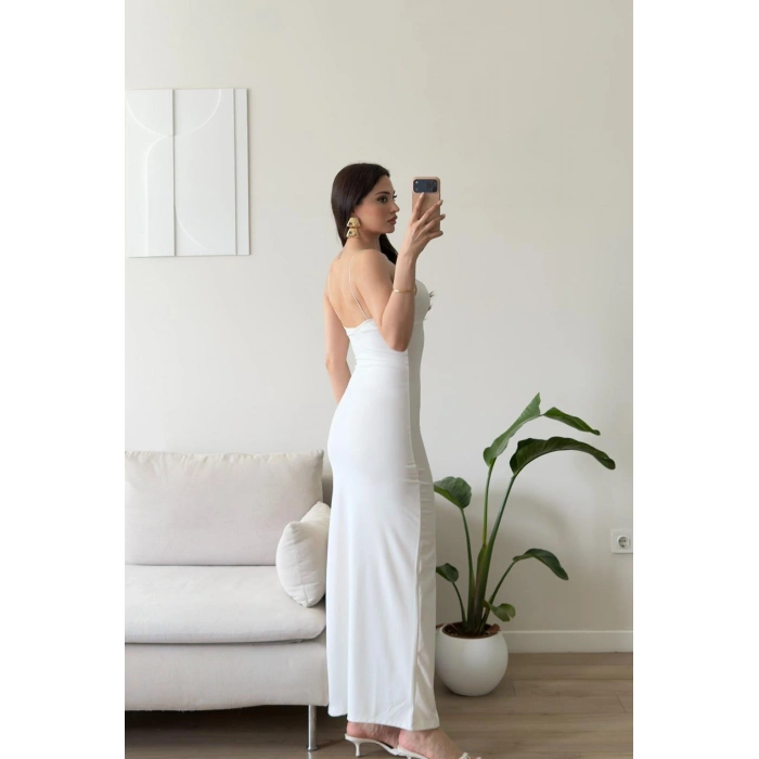 Askılı V Yaka Premium Elbise - BEYAZ