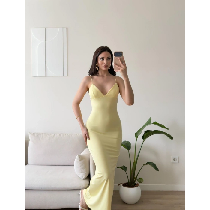 Askılı V Yaka Premium Elbise - SARI