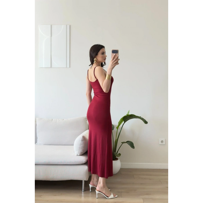 Askılı Viskon Maxi Elbise - BORDO