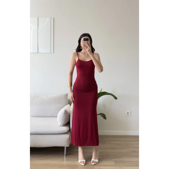 Askılı Viskon Maxi Elbise - BORDO