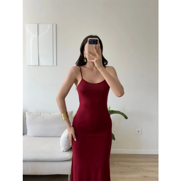 Askılı Viskon Maxi Elbise - BORDO